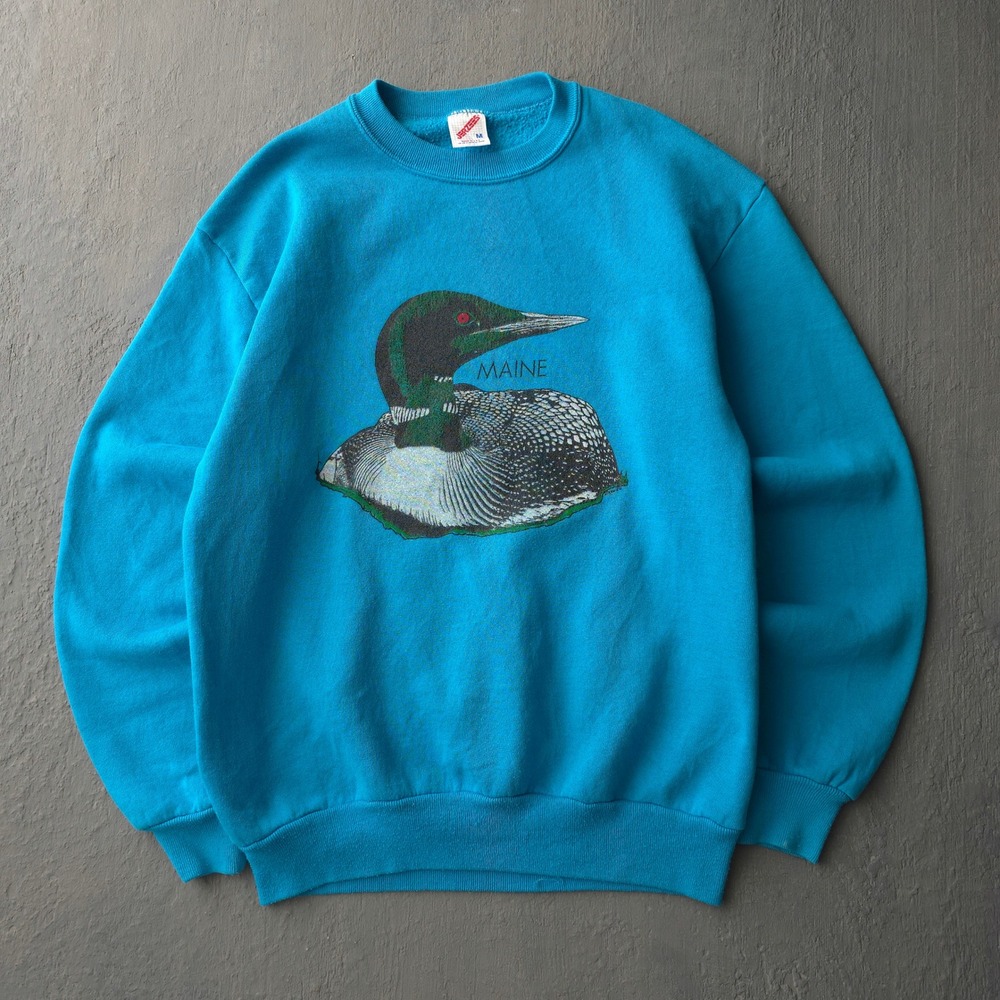 Vintage 80s Jerzees Blue Sweatshirt Size M Maine Loon Graphic